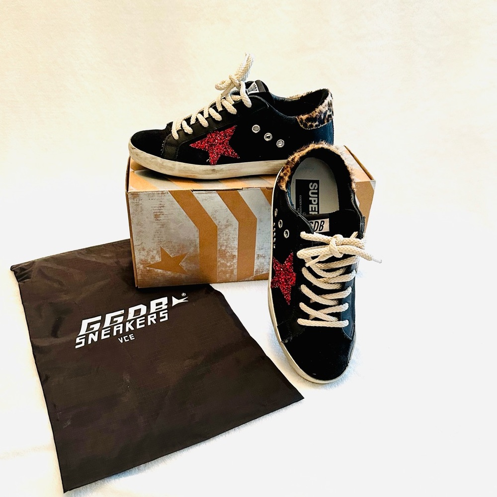 Golden Goose Superstar 38. Black with Glitter Star & Leopard